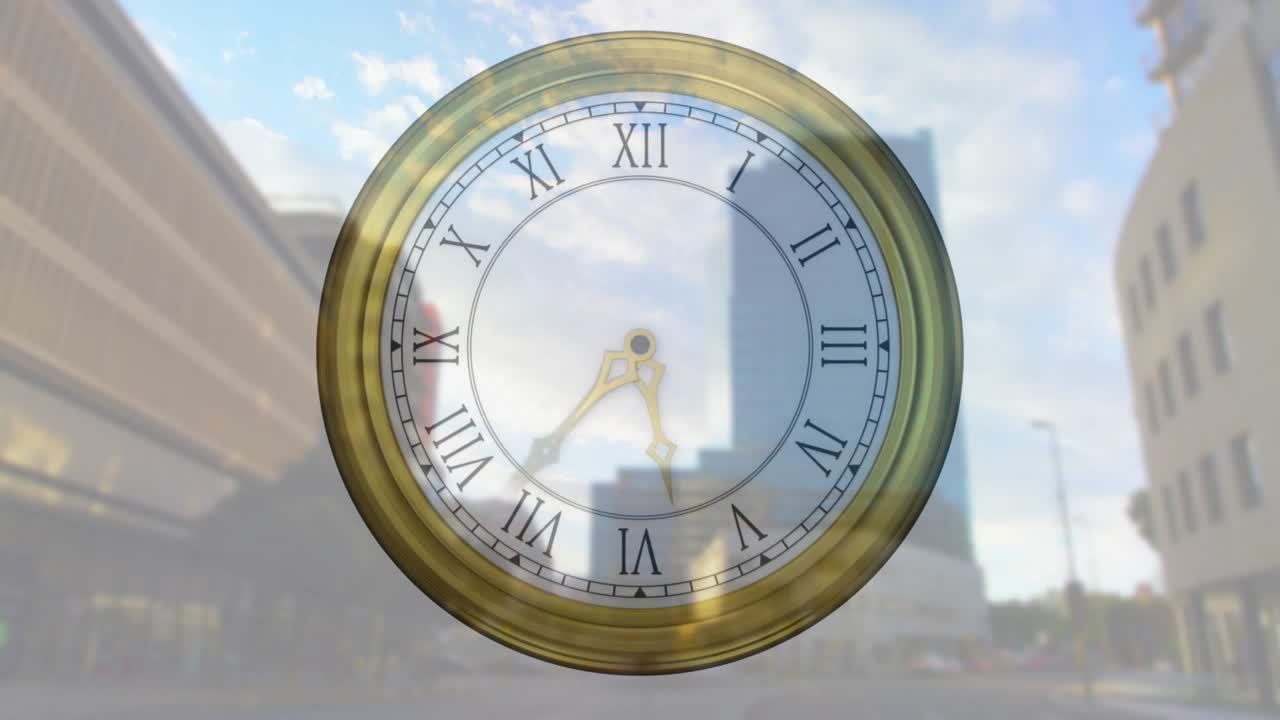 Antique clock appearing over downtown street, hands rotating clockwise, showing time