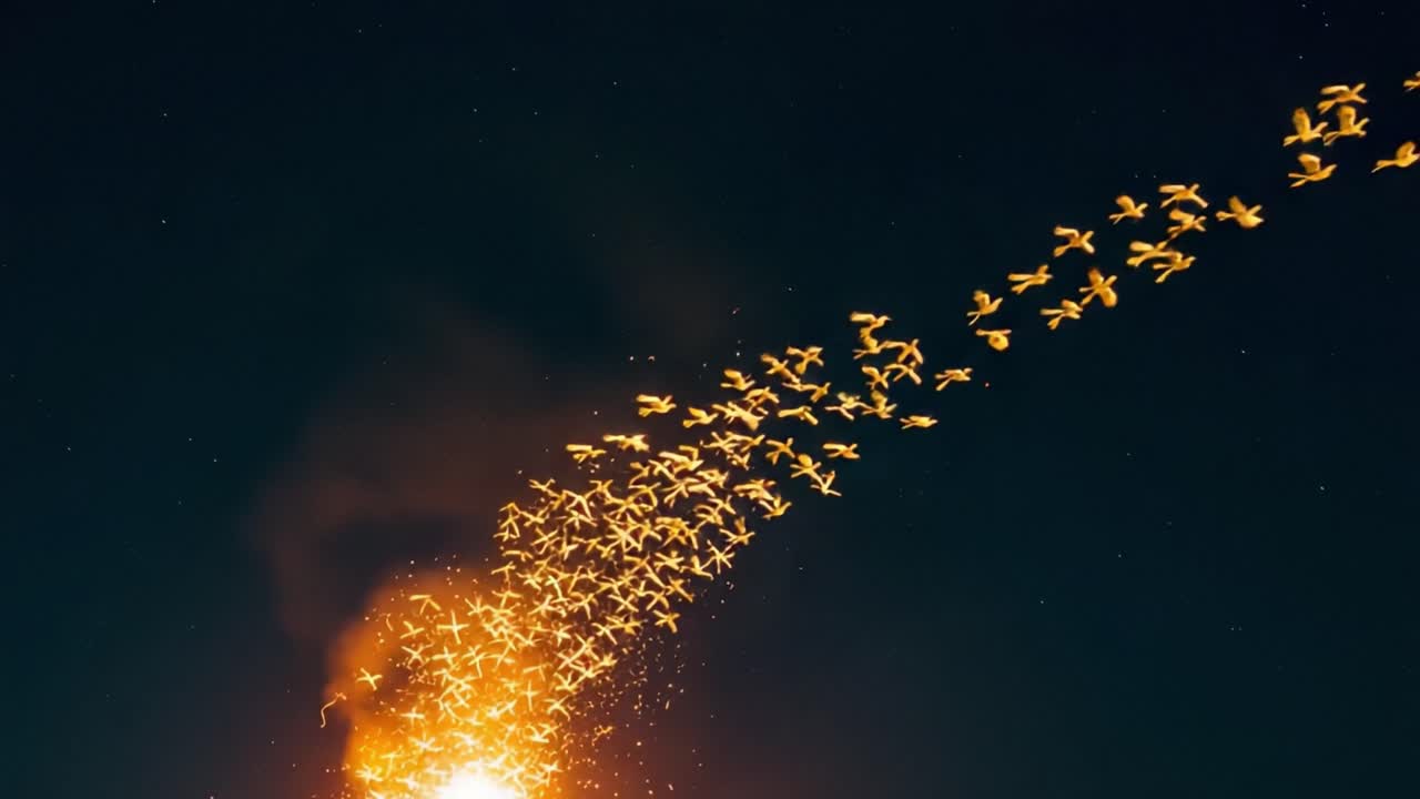 A Captivating Display of Birds Soaring through the Night Sky Against a Backdrop of Vibrant Fireworks, Creating a Stunning Visual Spectacle Filled with Energy and Motion