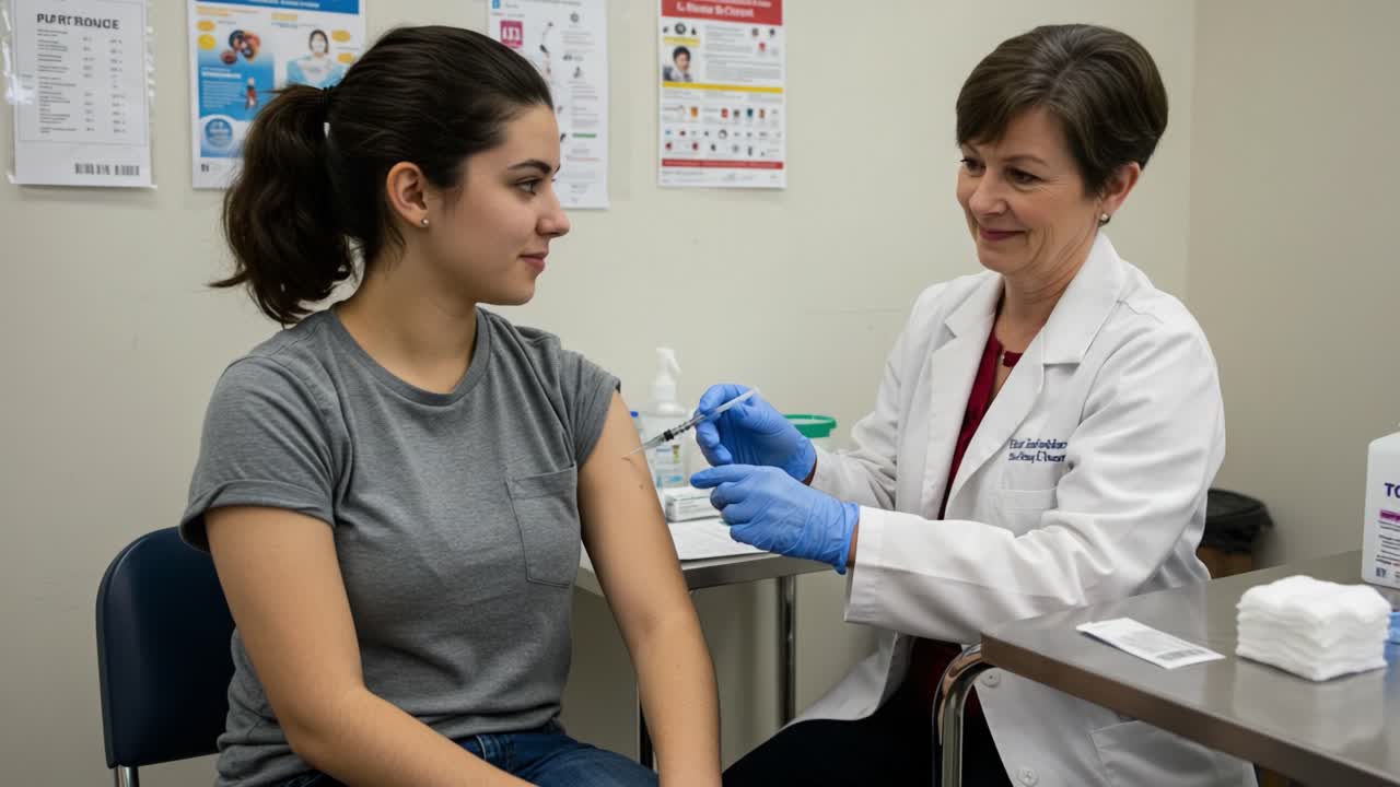 A healthcare professional administers a vaccination to a young woman in a clinical setting, highlighting the importance of immunization and public health awareness