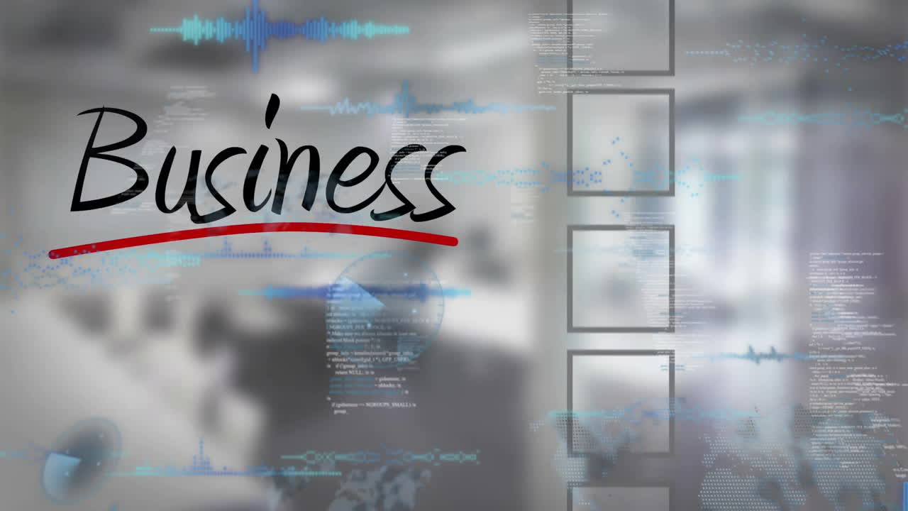Business text with digital data processing animation over blurred office background