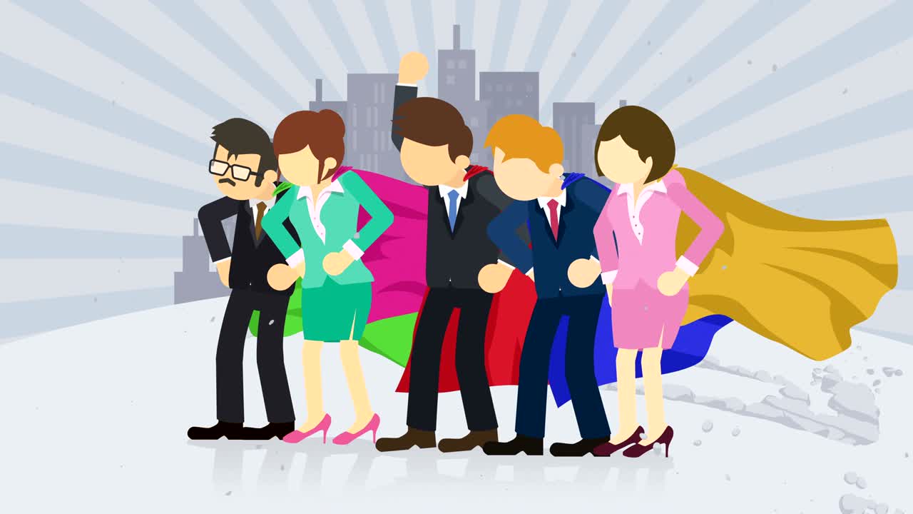 도시 배경에 서있는 슈퍼 히어로, 먼지 춤, 비즈니스 팀 상징, 팀워크 및 리더십 개념, 코 루프 애니메이션