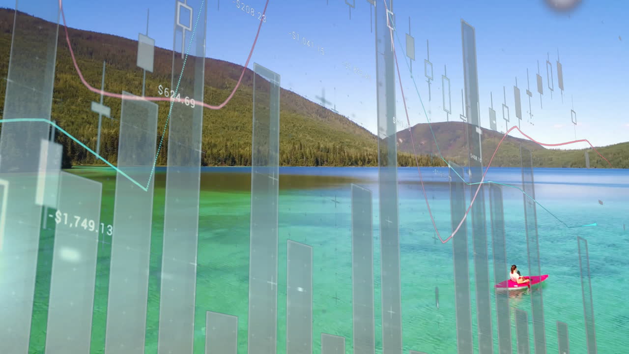 Kayaker paddling red kayak across turquoise lake while candlestick bars and line graphs floating