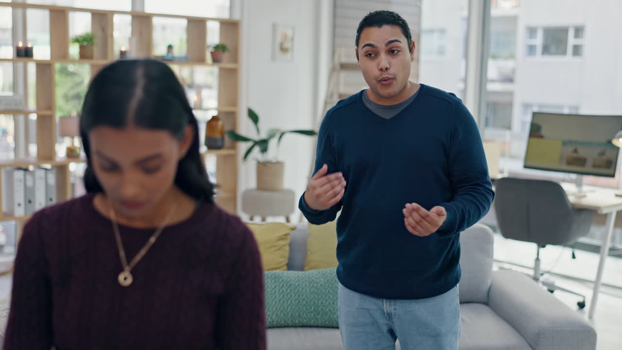 Divorce, conflict and couple fight in living room