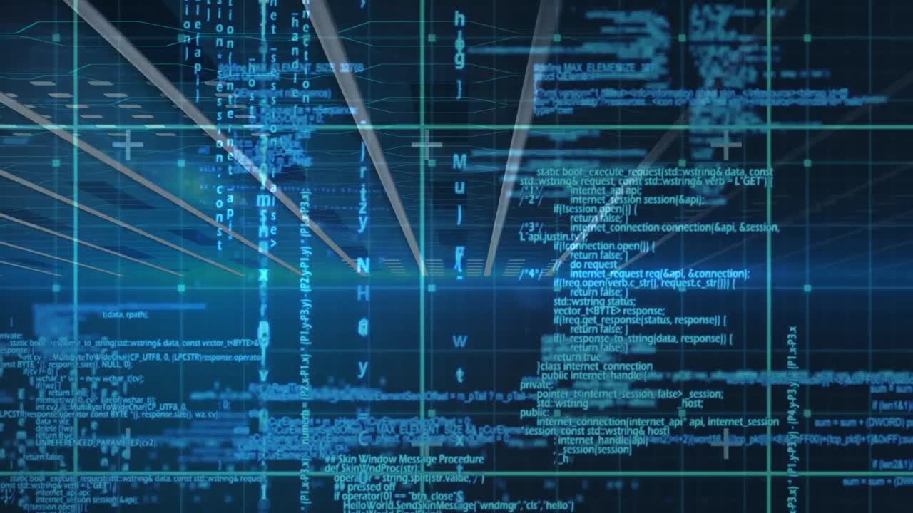 파란색 배경 위의 격자에서 데이터 처리의 애니메이션