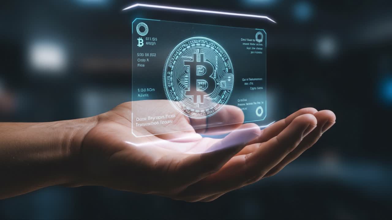 Illuminated Hand Holding a Virtual Bitcoin Display with Cryptocurrency Information and Data Overlay in a Futuristic Digital Environment