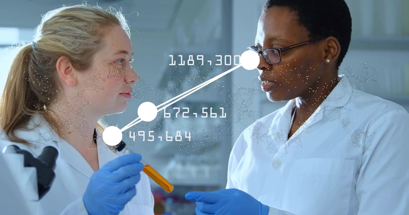 Lab scientists conversing sparking data nodes shifting as rotating amber test tube to microscope