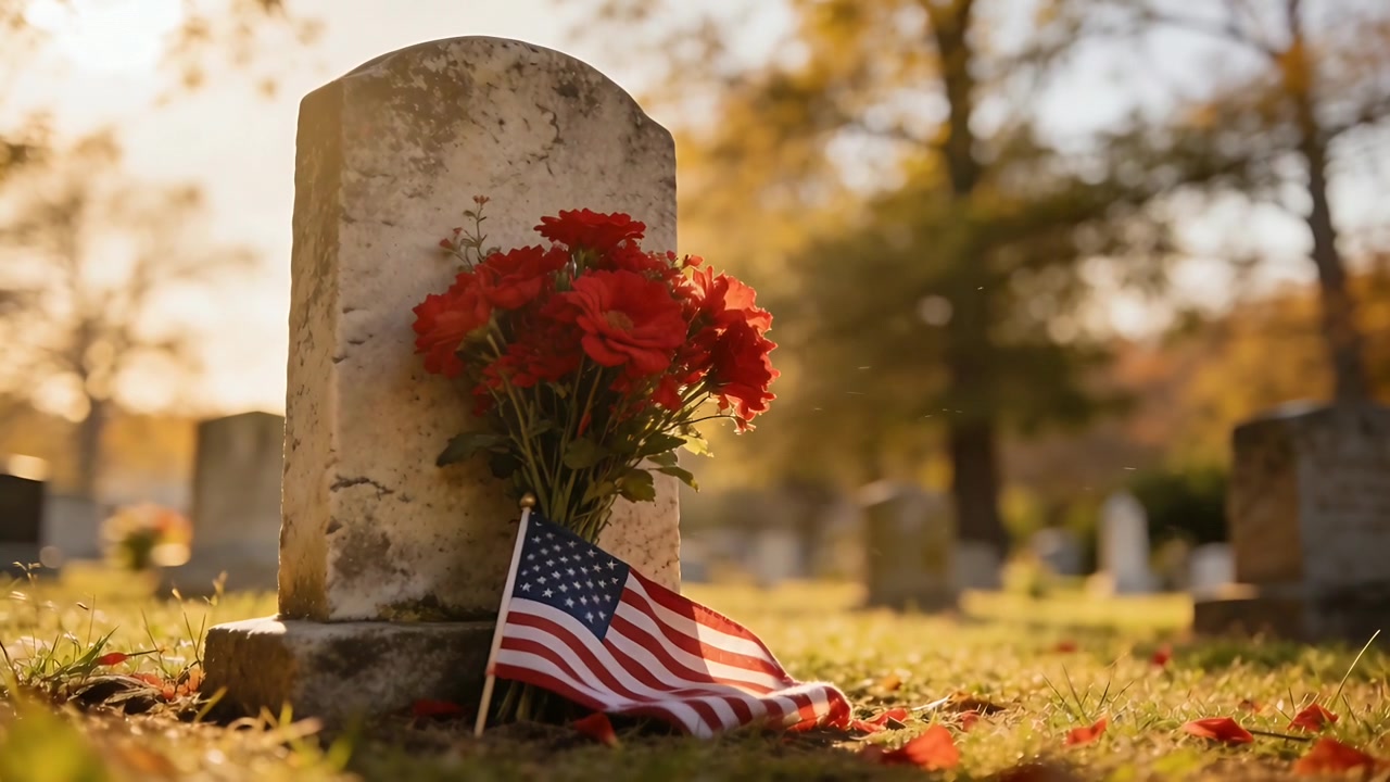 Stirring breeze causing red petals and American flag fluttering, scattering petals around headstone