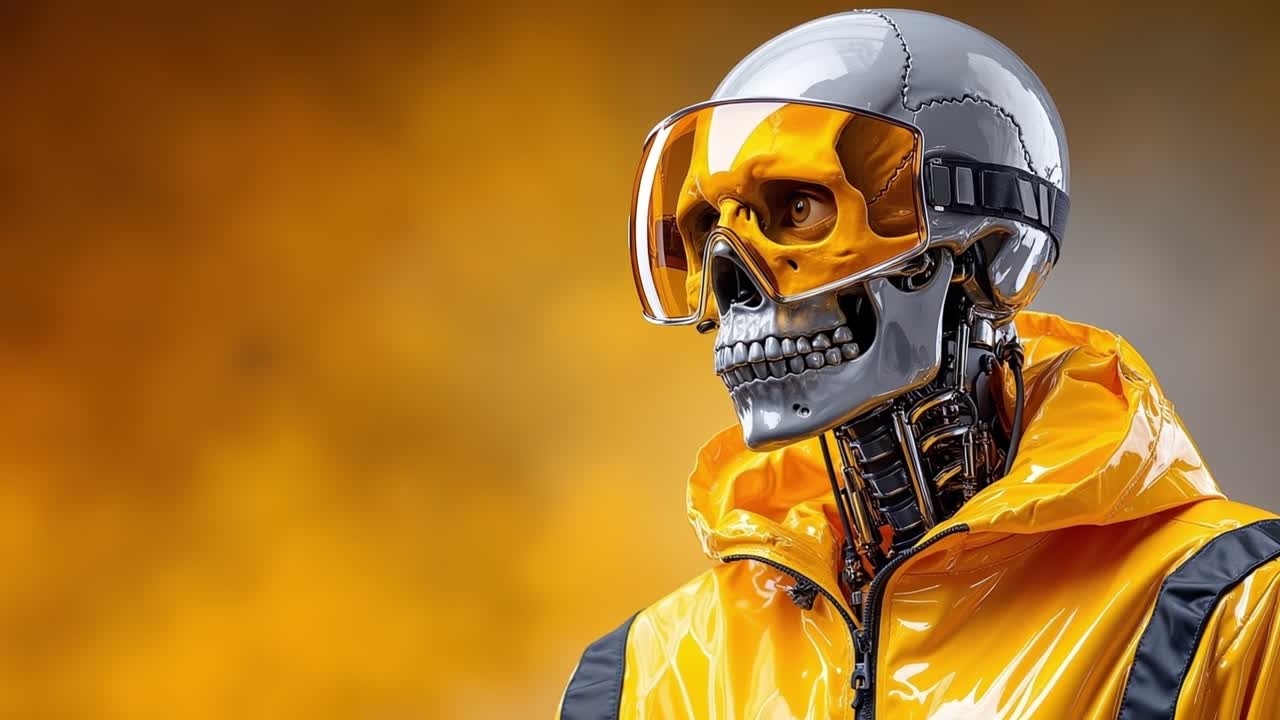 Robot umanoide cibernetico in tenuta gialla che guarda altrove su sfondo caldo e fumoso
