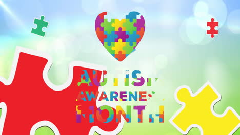 animation of colourful puzzle pieces, autism awareness month text