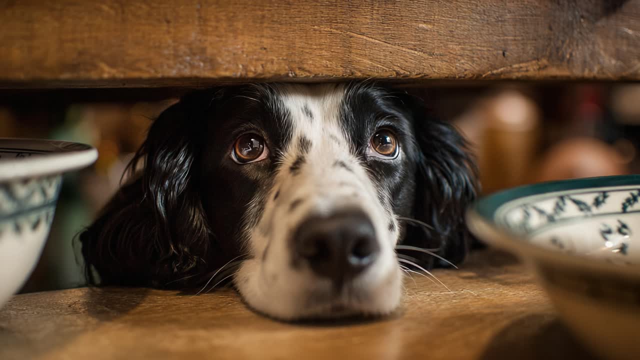 Curious Canine: A Beagle's Infatuation with Dinner Time Observed from Underneath the Table, Captured in these Heartwarming Frames of Anticipation