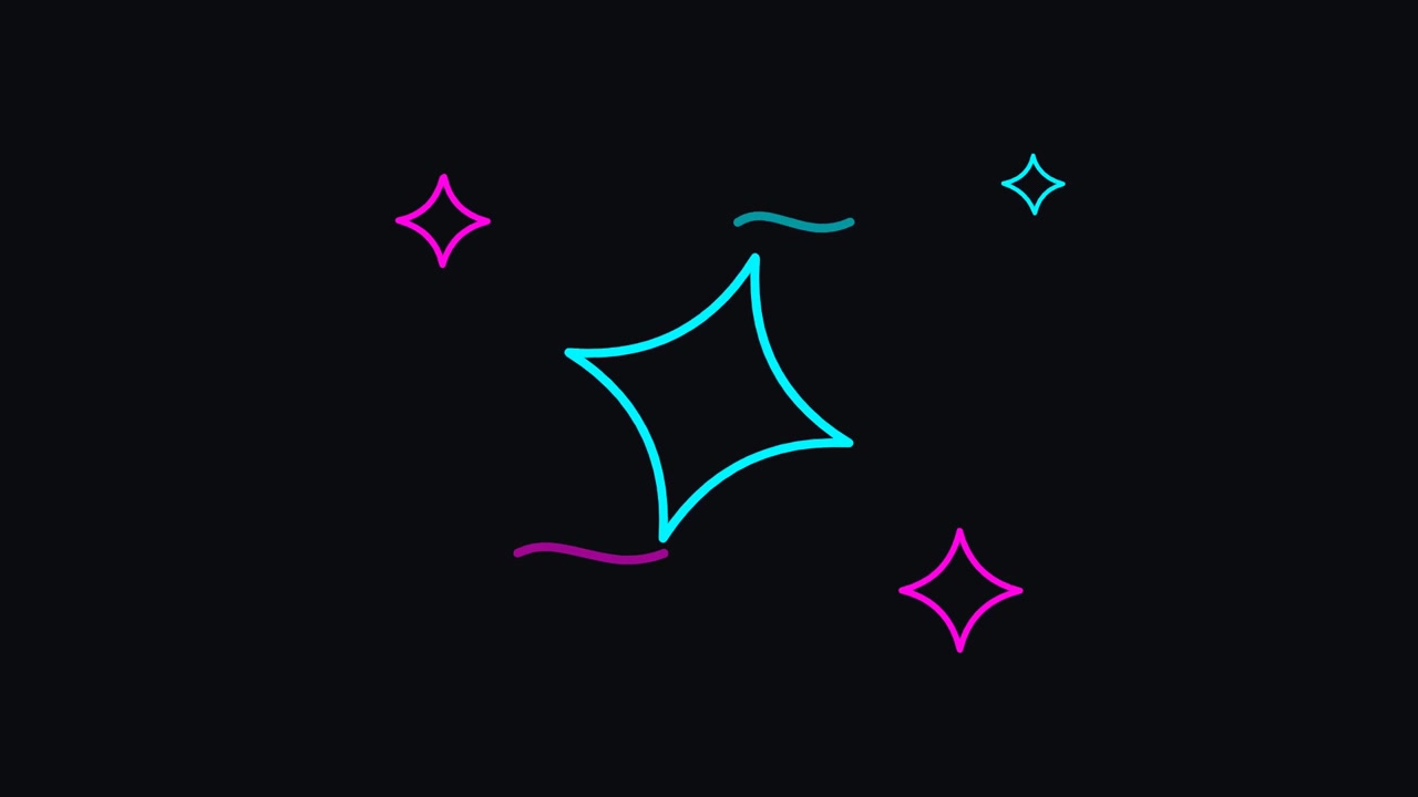 Animated Neon Stars and Abstract Shapes on Black Background