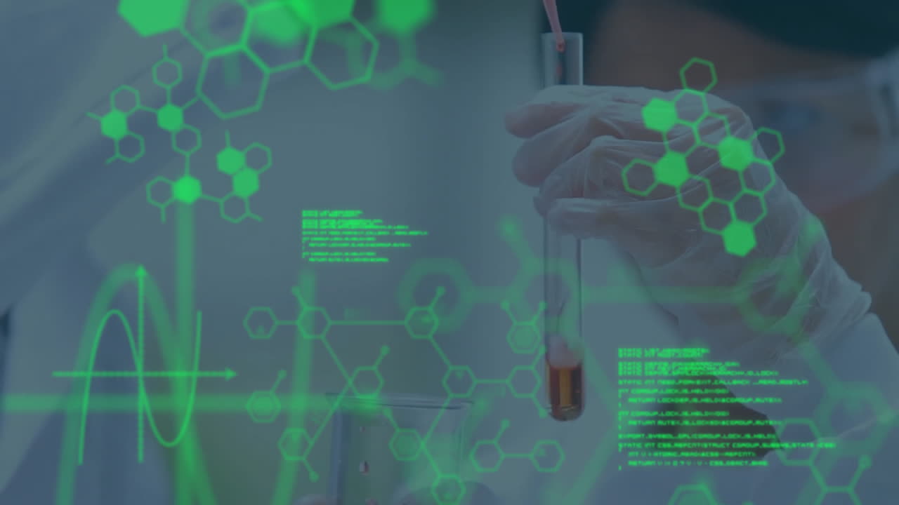 animación de procesamiento de datos científicos sobre una científica asiática en el laboratorio.