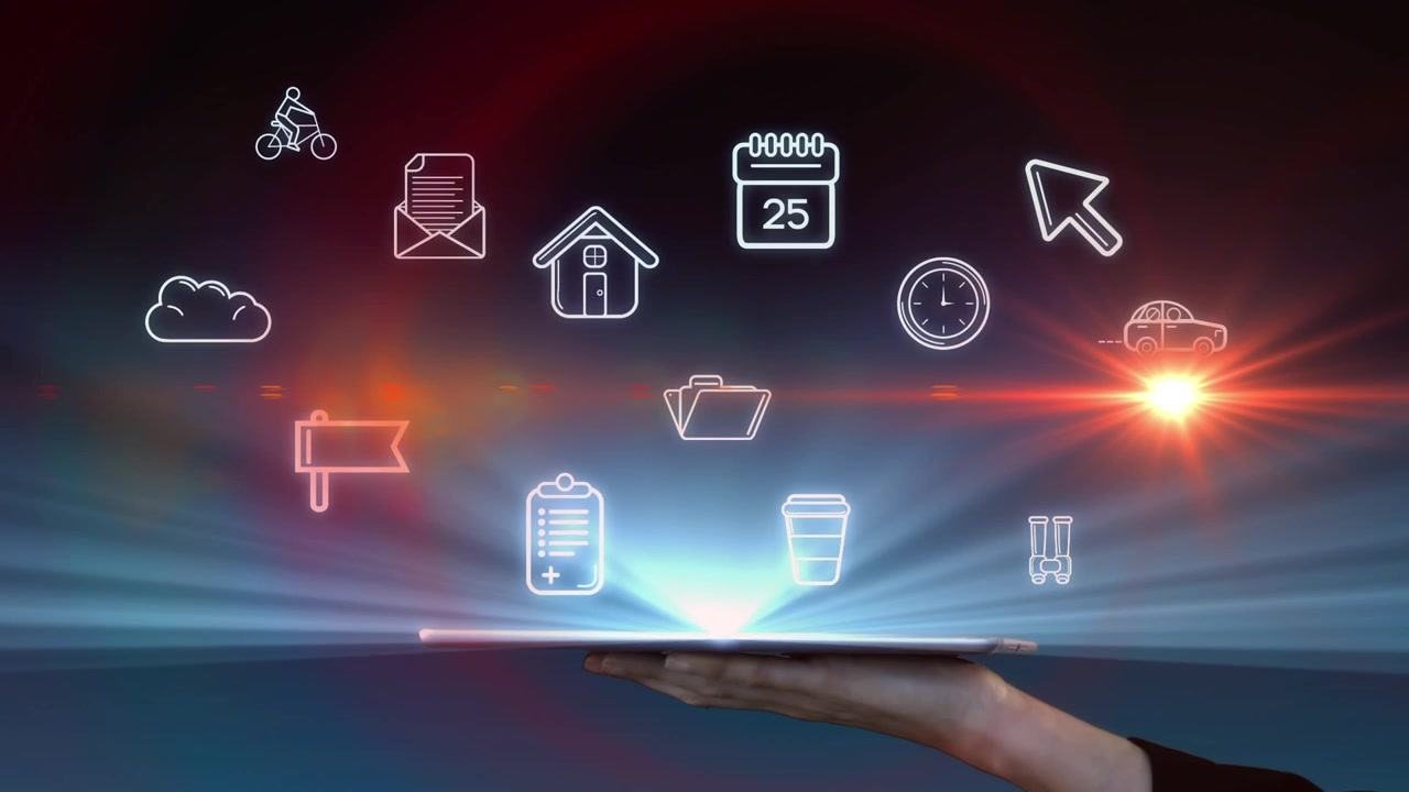 Animation of light beam moving over caucasian businesswoman holding bright digital tablet with icons