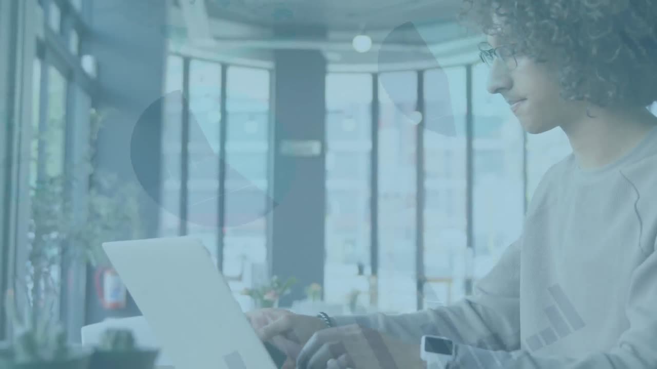 Animation of statistics processing over man using smartphone
