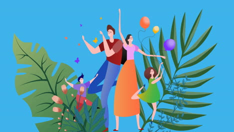 animación de ilustración de una familia feliz bailando con globos, con hojas en fondo azul