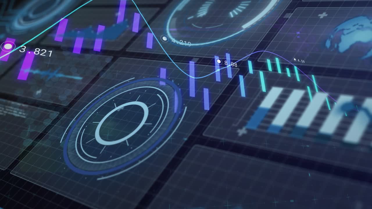 Turquoise line emerging left tracing waveform, bars rising falling, gauges pulsing visualizing data
