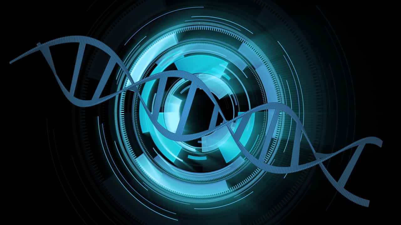 animazione del filamento di dna su un'interfaccia digitale circolare futuristica