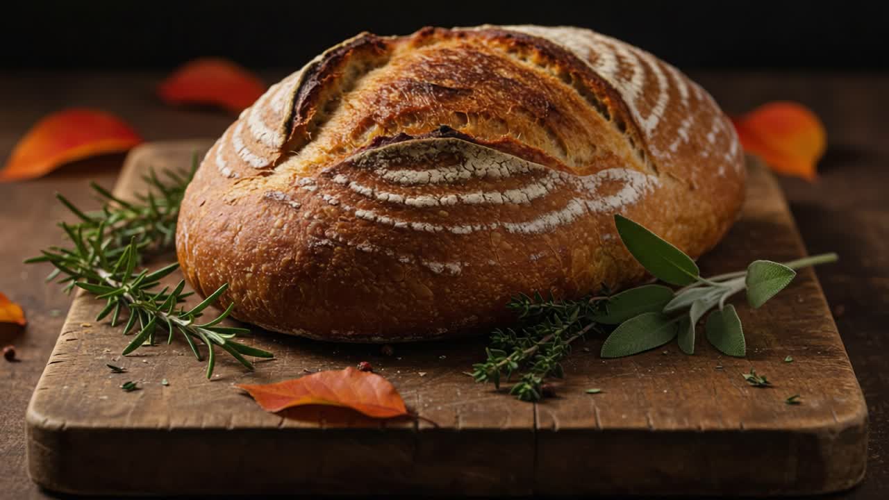 Artfully Baked Rustic Bread Surrounded by Fresh Herbs and Autumn Leaves, Showcasing a Golden Crust and a Heartwarming Culinary Experience
