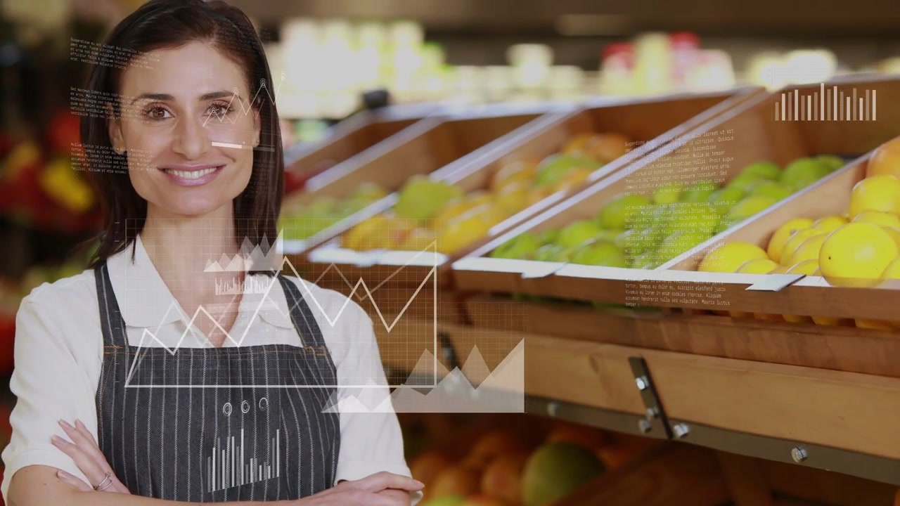 Empleado de supermercado mete la mano en un contenedor, clasificando limones y ordenando la exhibición, con superposiciones de datos que muestran tendencias.