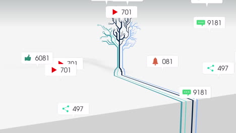 animation of social media icons and numbers over tree