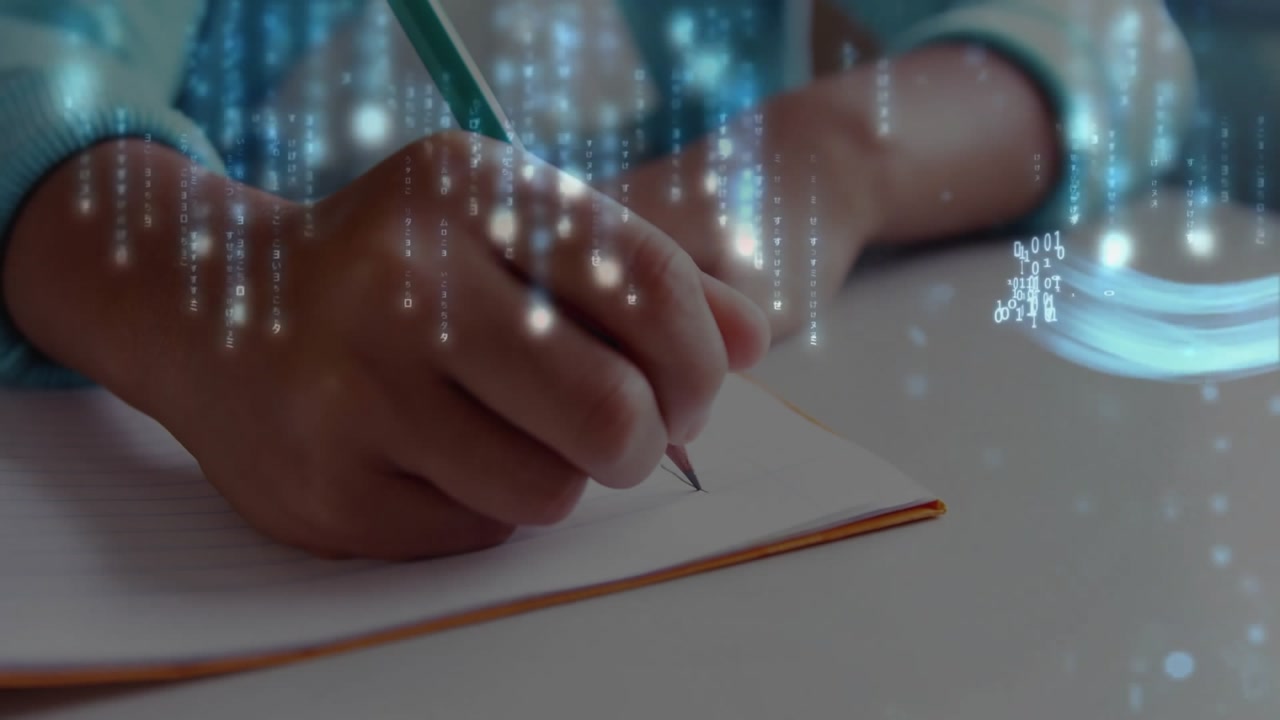 Green pencil hovering above notebook starting writing line as binary code swirling visualizing data