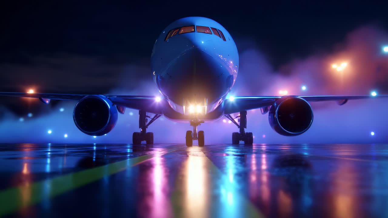 Captivating Nighttime Scene of a Modern Airplane Glowing Under Atmospheric Lighting, Showcasing the Aircraft's Sleek Design and Reflective Surfaces on a Wet Airfield with a Mystical Fog