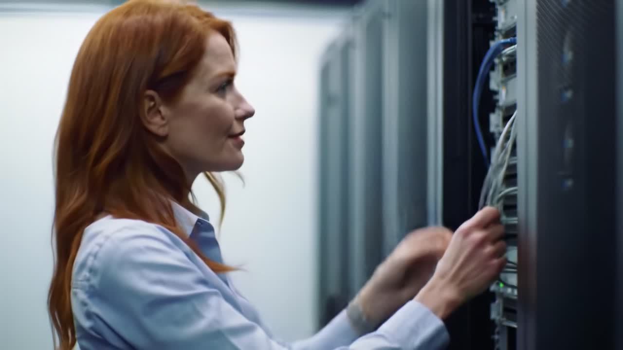 Woman Working on Server Rack in Data Center