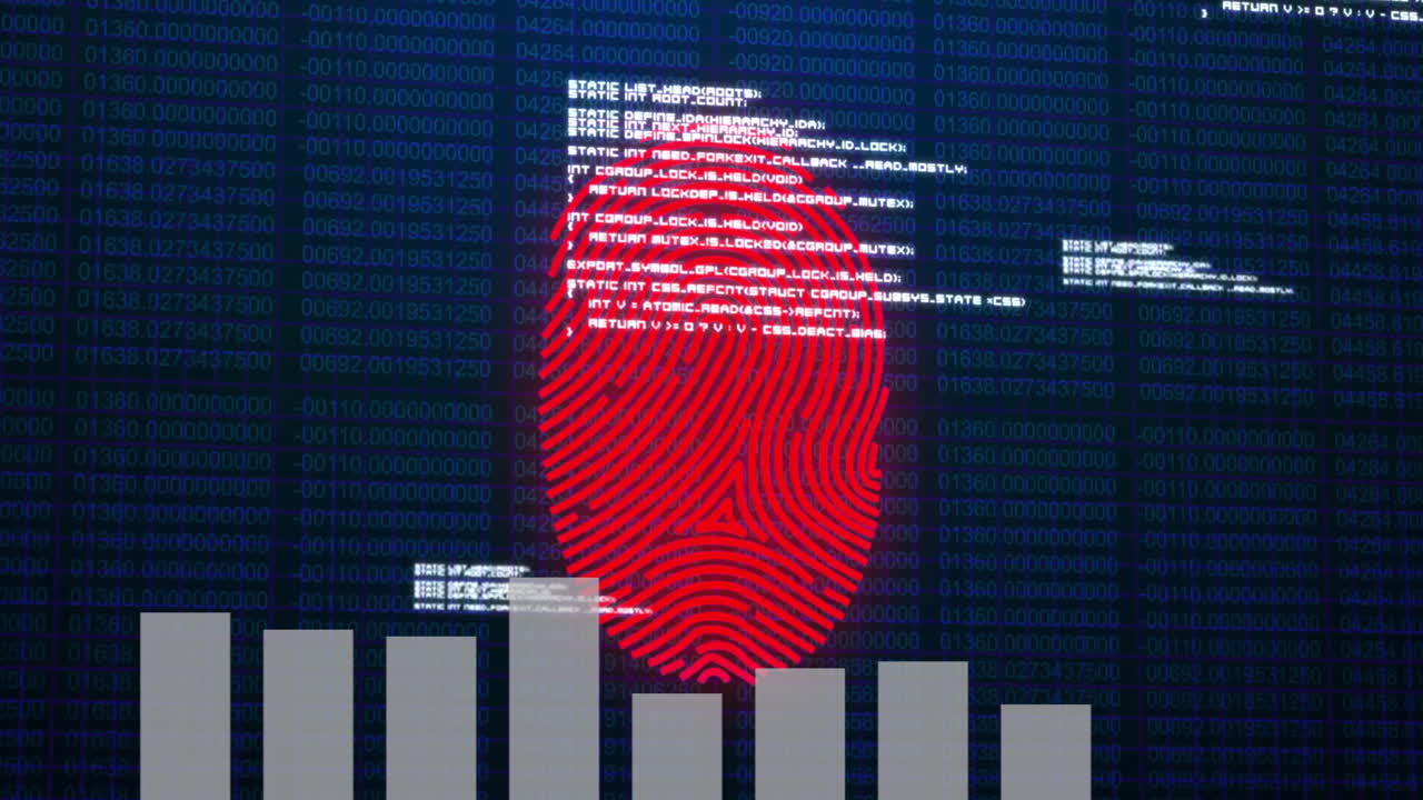 Fingerprint scanning over digital bar graph with binary code in background animation