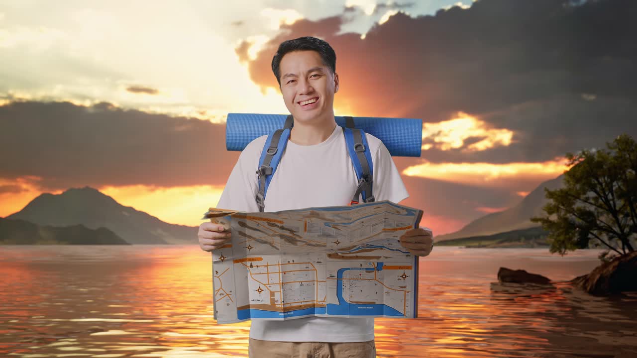 Asian Male Hiker With Mountaineering Backpack Looking At The Map Then Smiling To Camera At A Lake