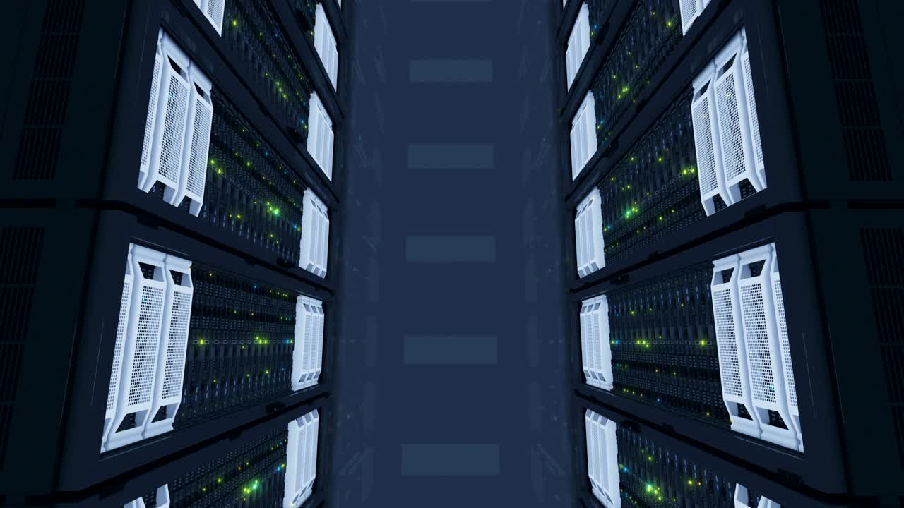 Working Servers Top View in Modern Data Center. Cloud Computing Data Storage. Heavy 3d Rendering. Looped 3d animation.