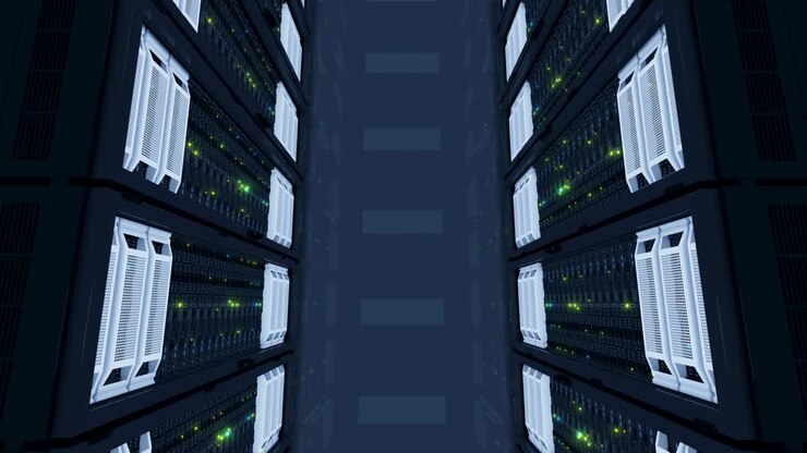 Kørende servere topudsigt i moderne datacenter. Datalagring i skyen. Kraftig 3D-gengivelse. Looped 3D-animation