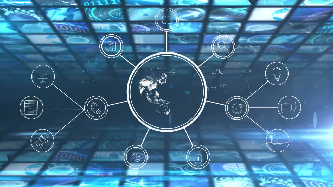 Animation of network of connections with globe over data processing on black background