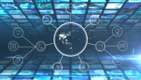 animation of network of connections with globe over data processing on black background