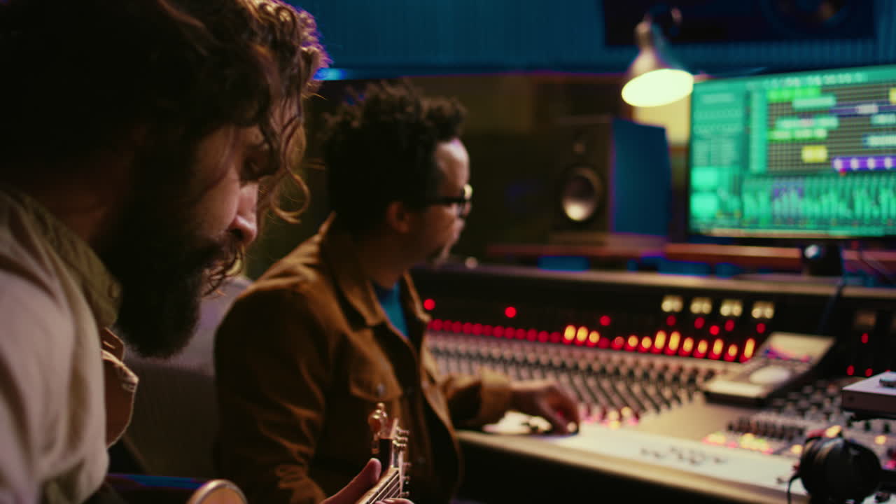 전문 아티스트가 스튜디오에서 전기 음향 기타로 노래를 부르고 있습니다.