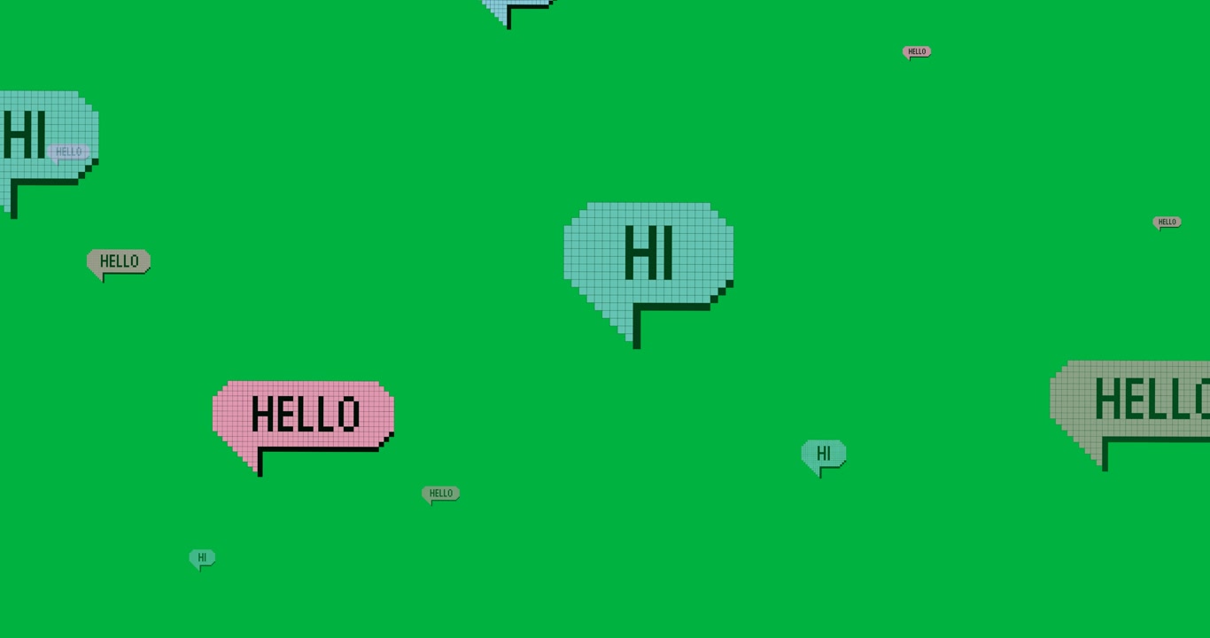 Animazione digitale di testo "hi" e "hello" su fumetti che fluttuano su sfondo nero