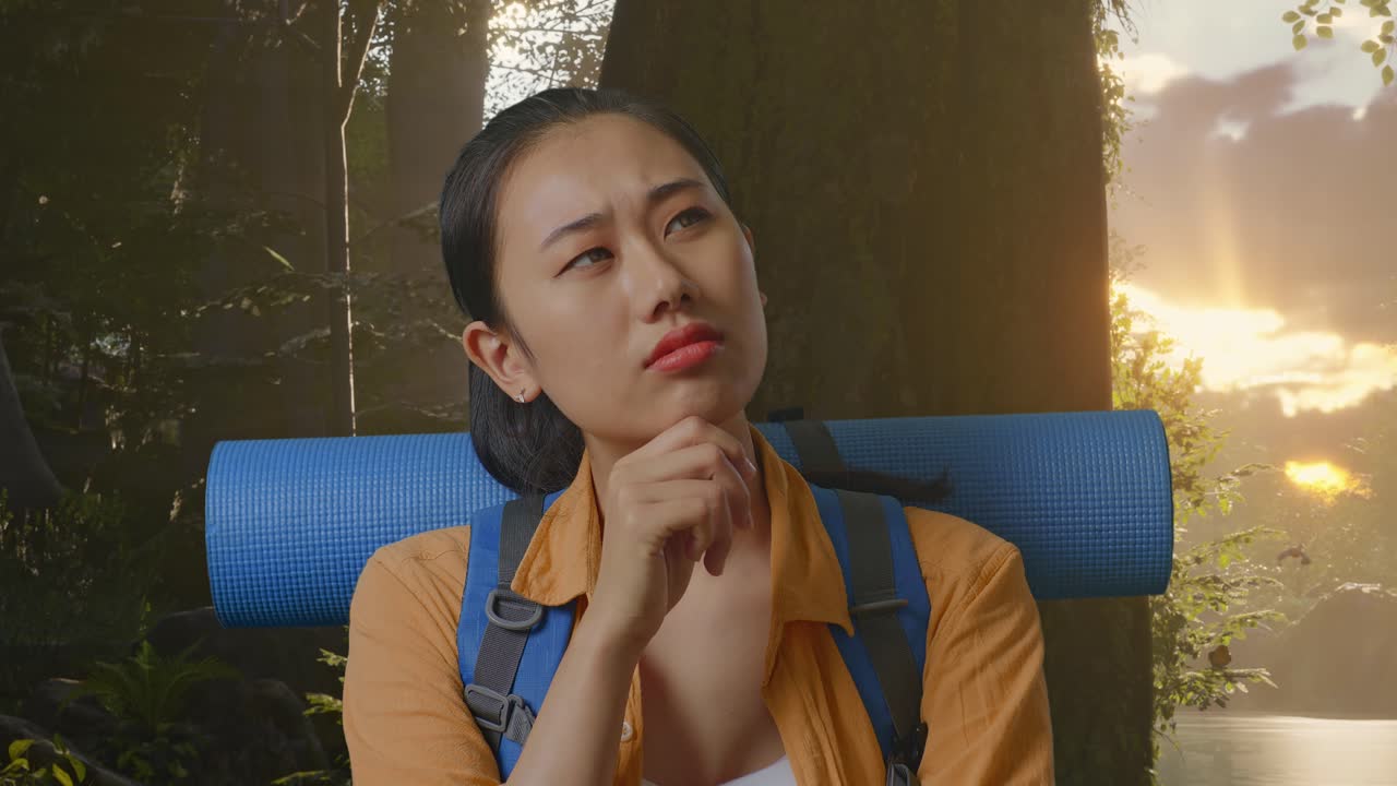 Close Up Of Asian Female Hiker With Mountaineering Backpack Thinking About Something And Looking Around While Exploring Forest Nature