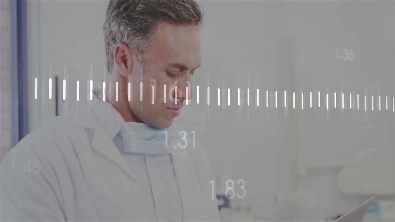 Medical professional wearing lab coat monitoring tablet in lab, showing animated data overlays