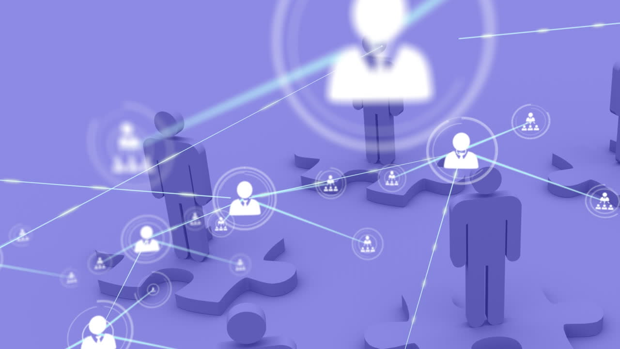 Animation of network of connections with user icons over violet background with men and puzzles