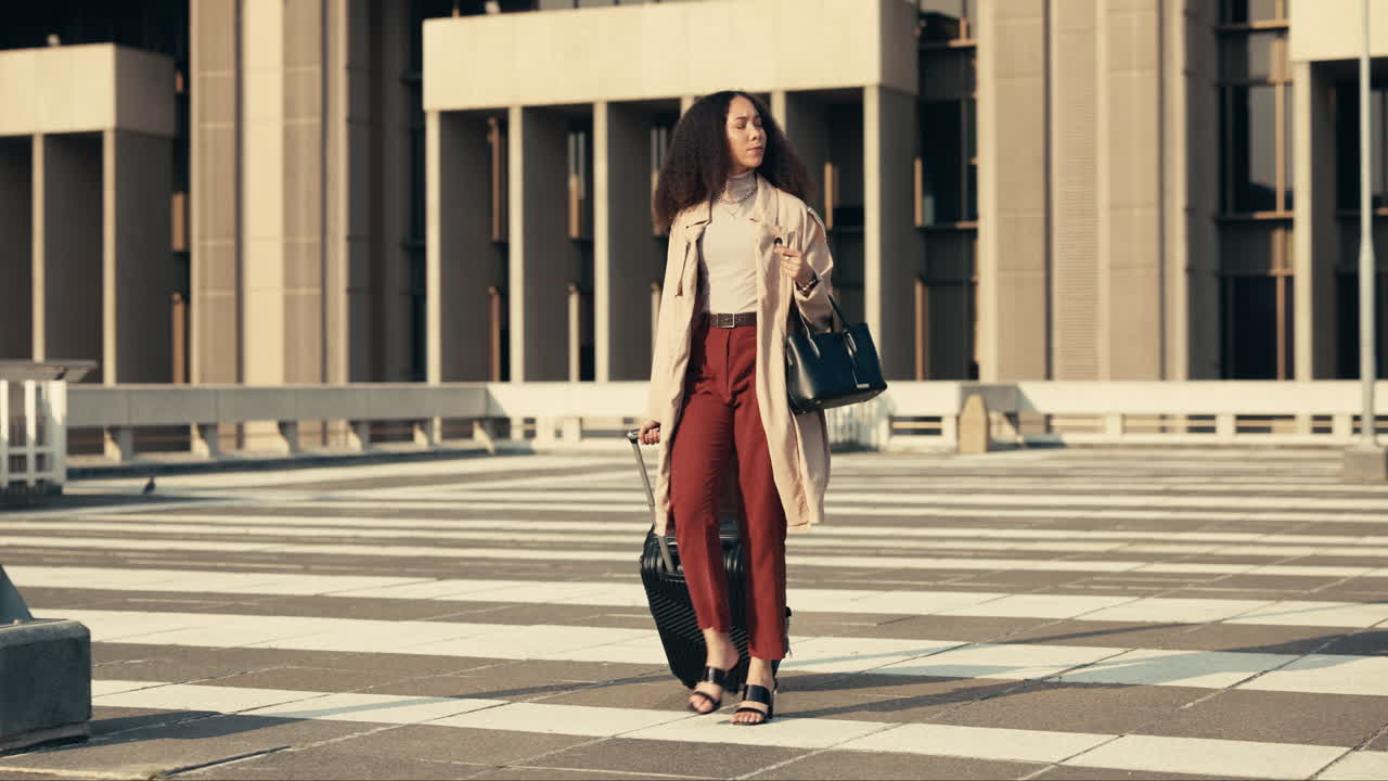 Travel, suitcase and businesswoman walking