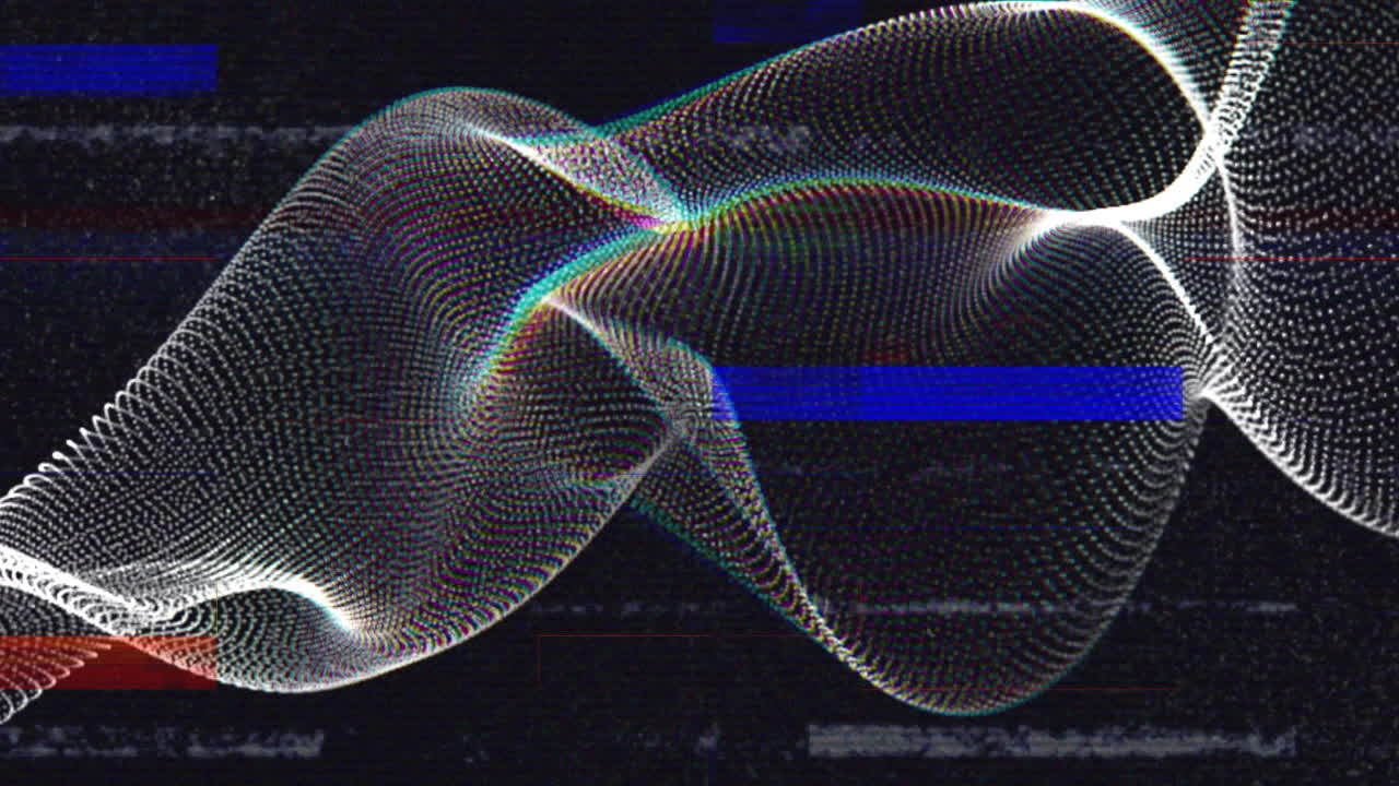 Animation of colourful interference over 3d white mesh structure on black background