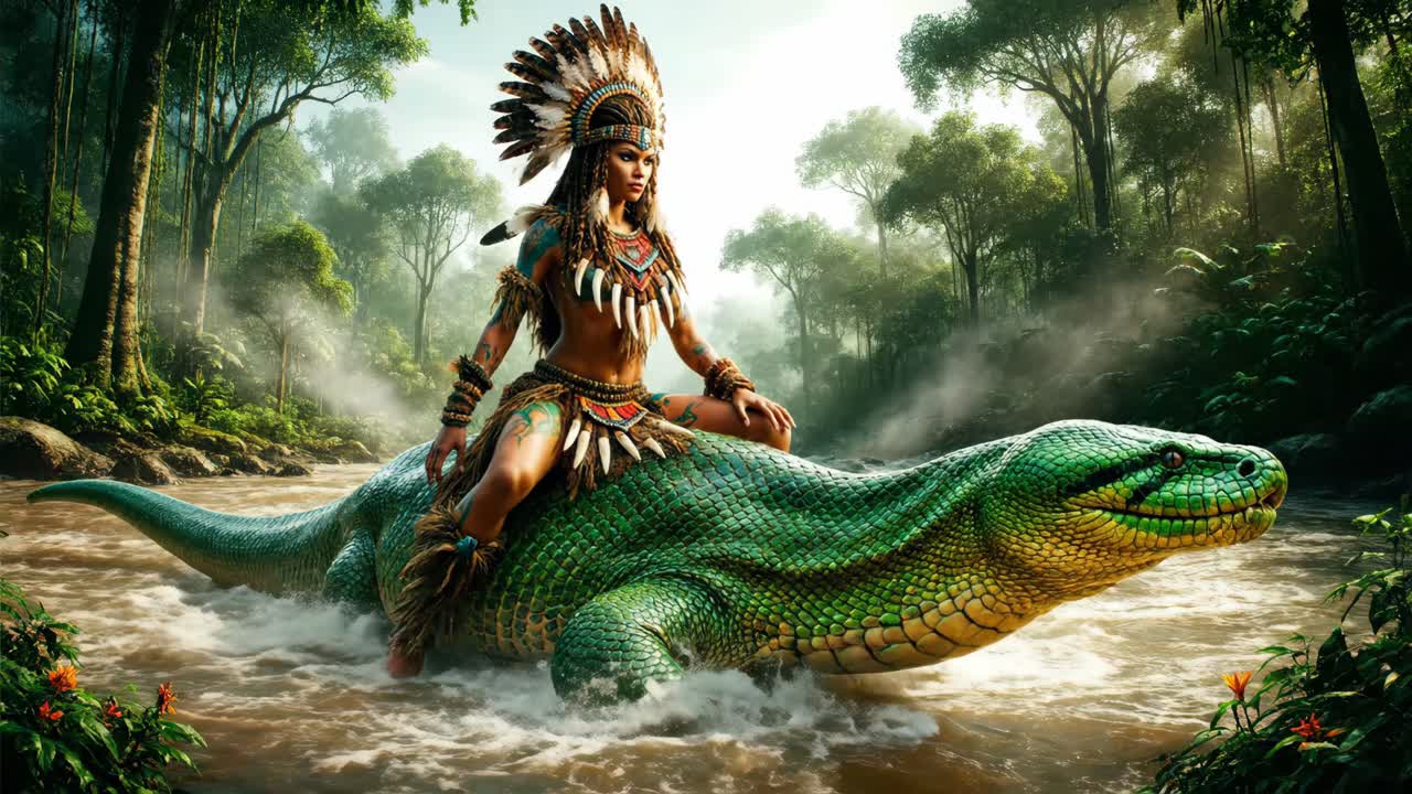 Native American Woman Riding a Reptile in a Forest