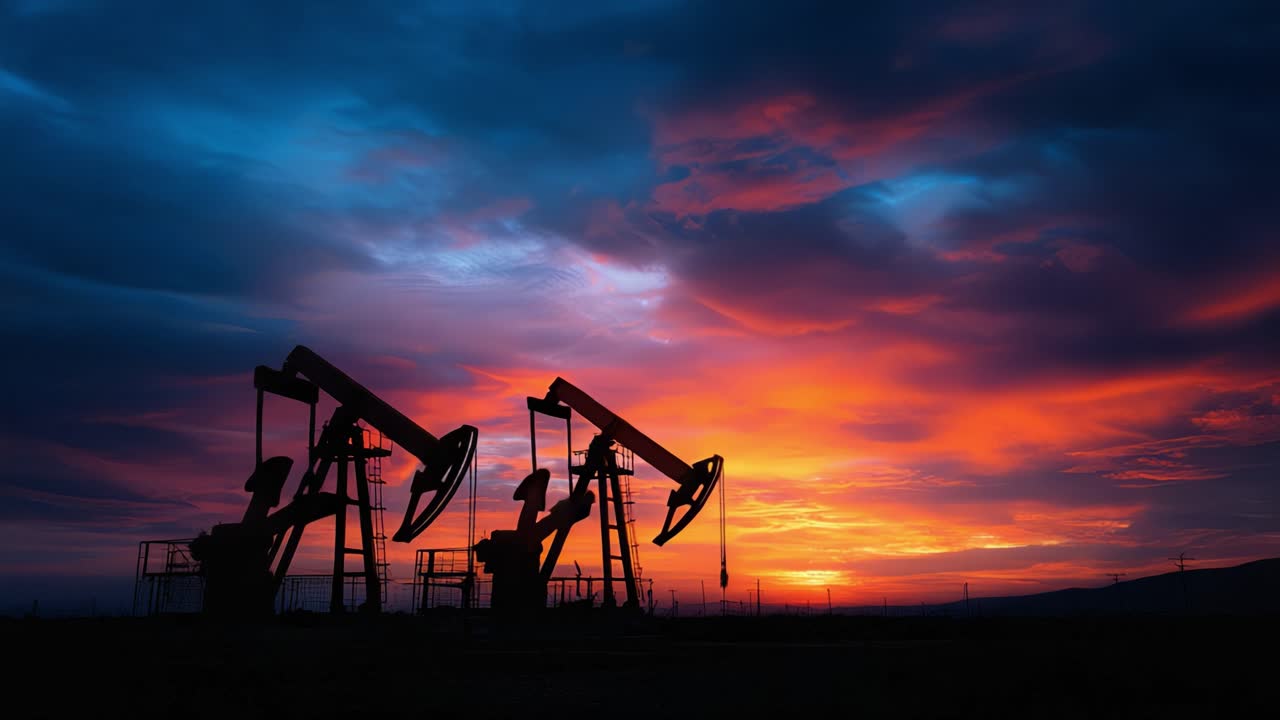 Canlı bir gün batımına karşı duran siluet halindeki petrol pompaları, doğal güzellik ve endüstriyel enerji üretiminin ikiliğini çarpıcı renkler ve formlarda sergiliyor.