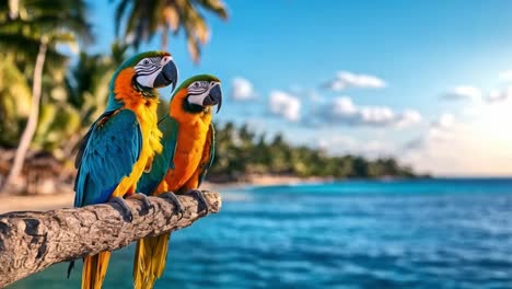 two colorful macaws perched on a branch overlooking a tropical beach