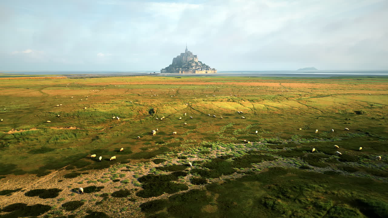 Aerial drone view of Mont-Saint-Michel in Normandy, France. Green fields with grazing sheep