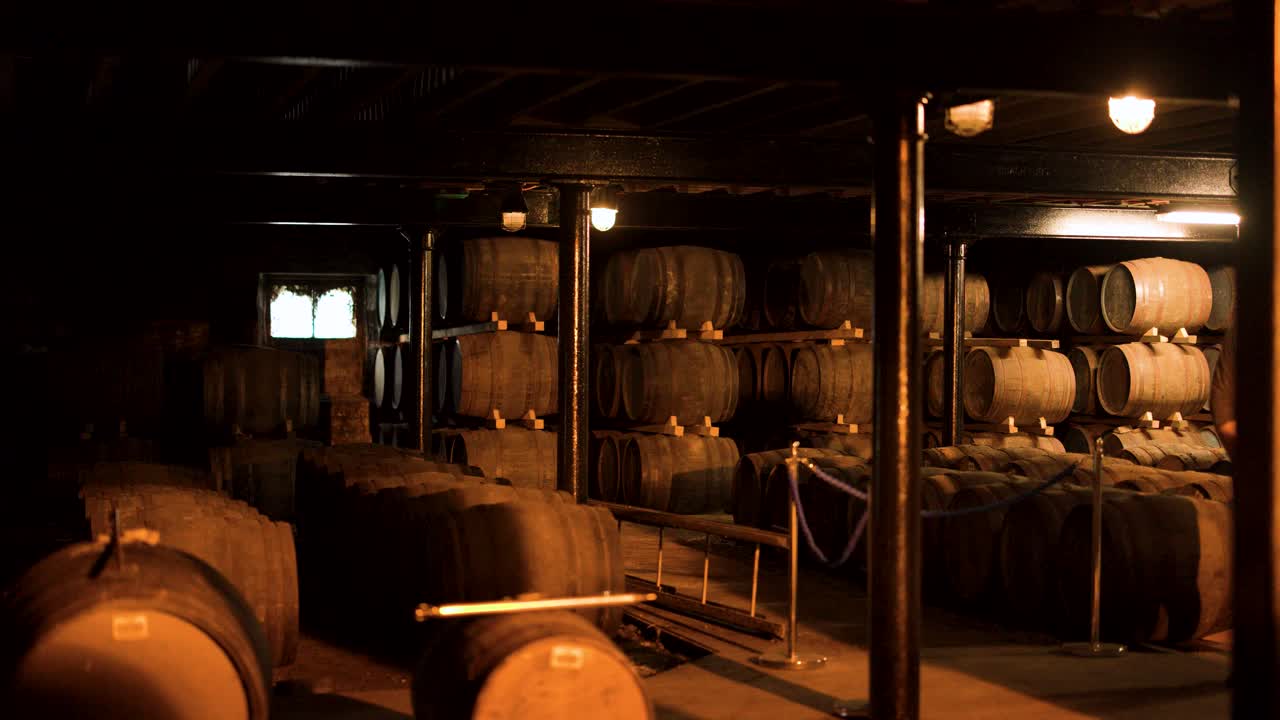 Dimly lit warehouse interior with stacked oak barrels, warm lighting, and slow panning camera movement