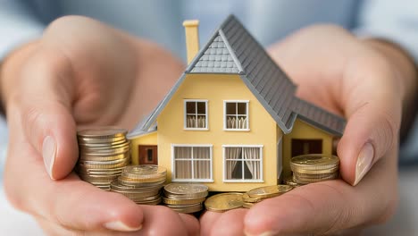 female hands holding a miniature house resting on a stack of various coins, symbolizing real estate investment, property purchase, mortgage, and homeownership