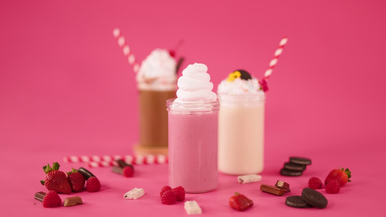 Hand places strawberry on pink milkshake topped with whipped cream, surrounded by fruit, chocolate, cookies