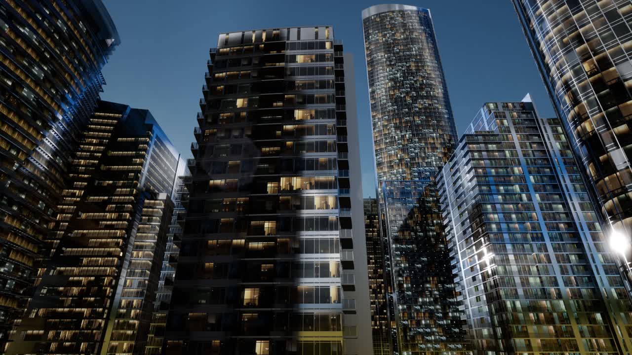 rascacielos de la ciudad por la noche con cielo oscuro