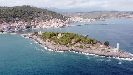 Marathonisi-Peninsula-and-Gythio-Village-at-Mani,-Peloponnese,-Greece---Aerial