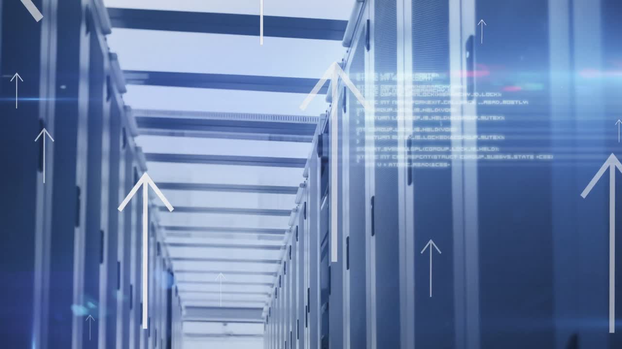 animación de flechas y procesamiento de datos en servidores informáticos
